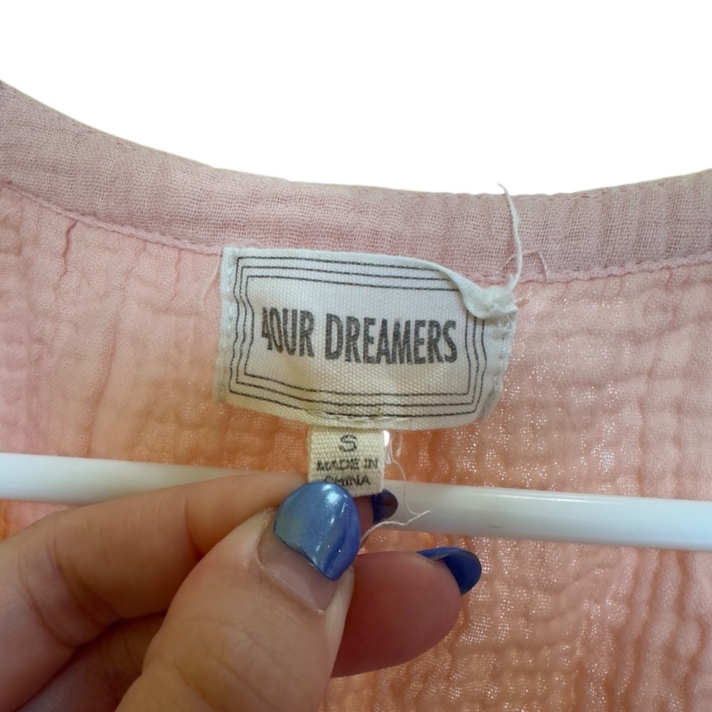4our Dreamers‎ Pink Gauze Midi Dress Puff Sleeve V Neck Elastic Waist S - Picture 3 of 6